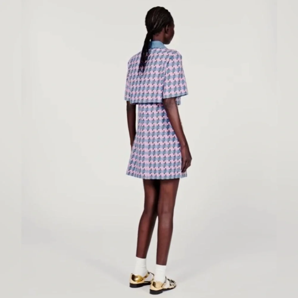 Sandro Amadora Denim Trim Houndstooth Tweed Mini Dress - Picture 4 of 13